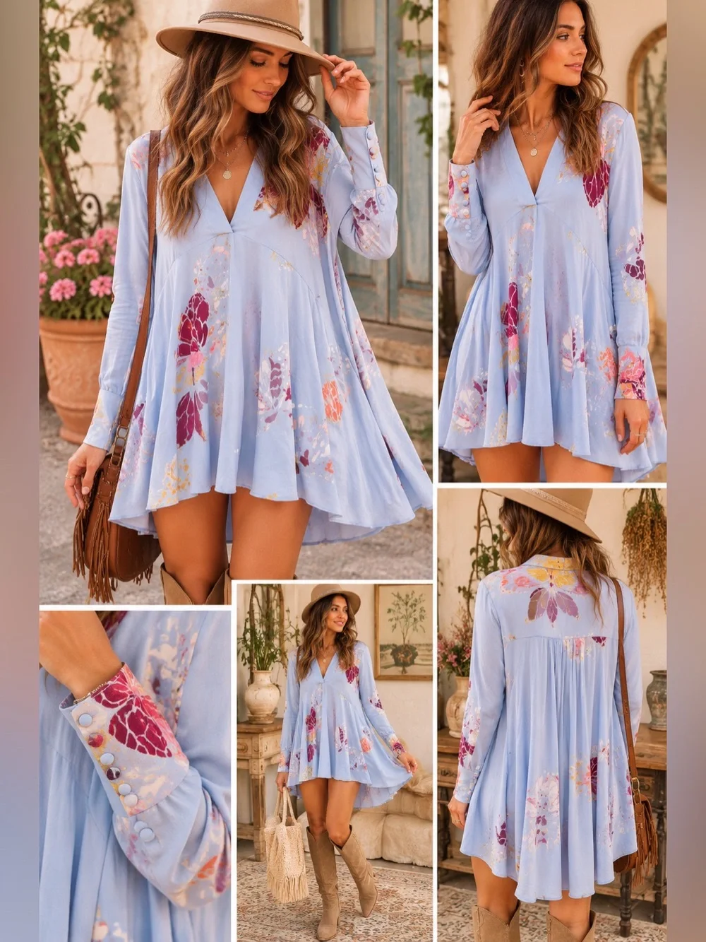 Free People Field of Butterflies Tunic Dress Blue Floral Hi-Low Swing Top Small
